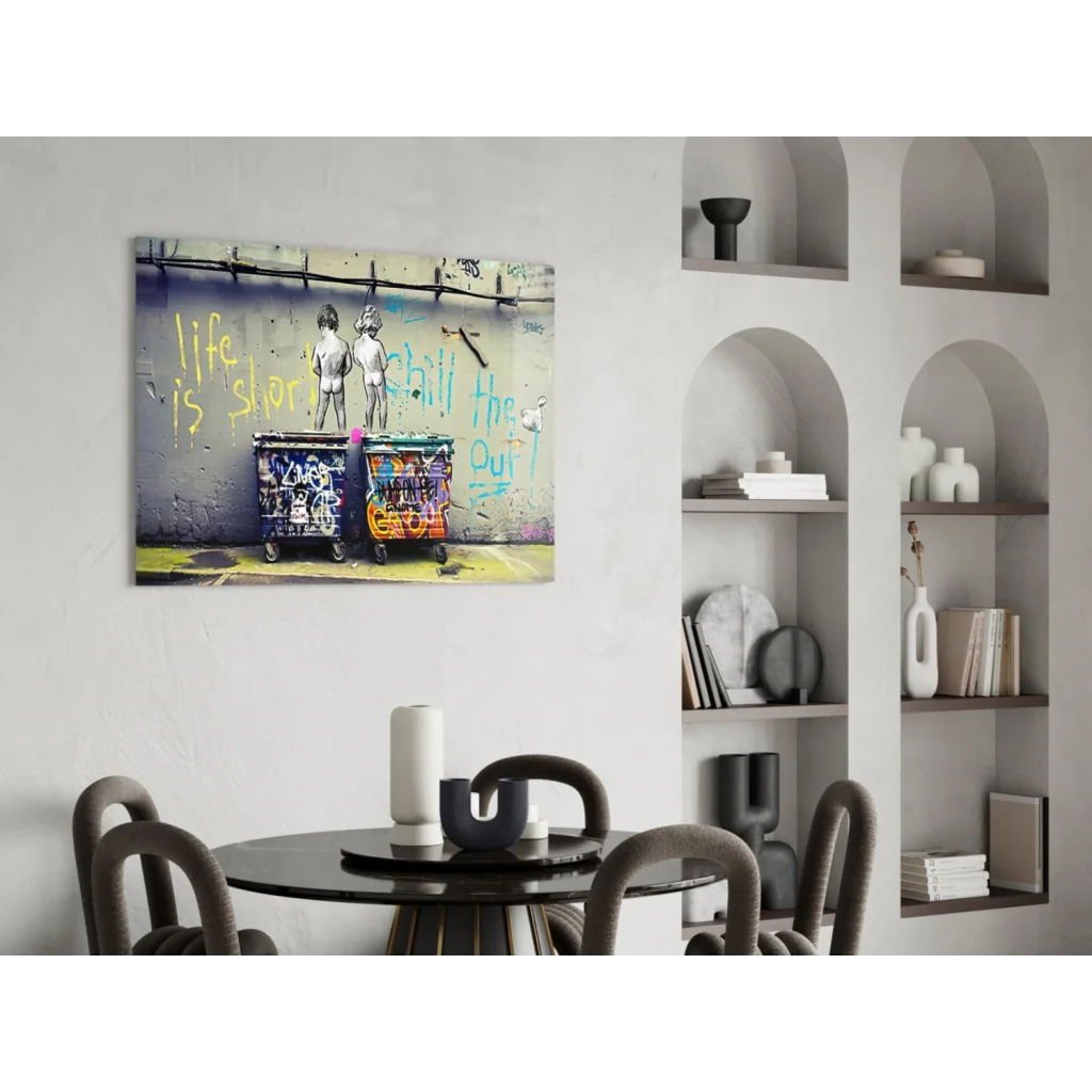 Vibrant chill out graffiti wall art print with kids and dumpster