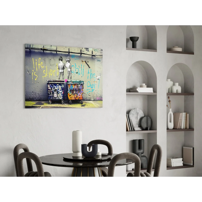 Vibrant chill out graffiti wall art print with kids and dumpster