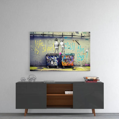 Vibrant chill out graffiti nude figures on dumpster wall art print