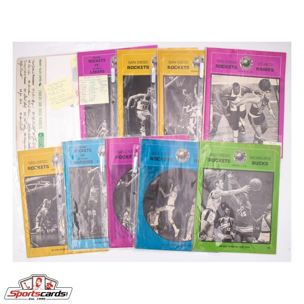 San Diego Rockets vintage basketball collection with colorful covers