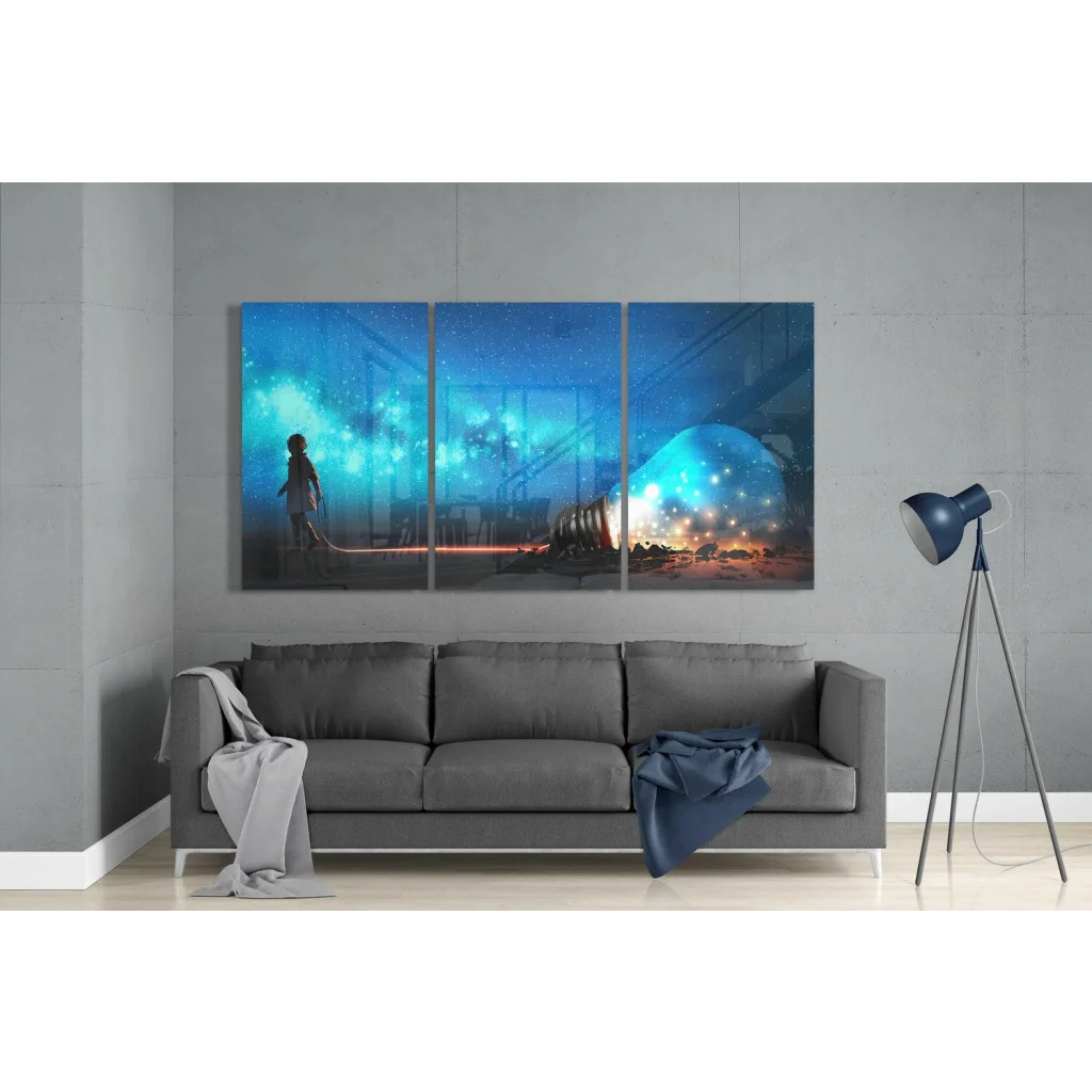 Cosmic Journey triptych glass wall art with blue teal cosmic scene