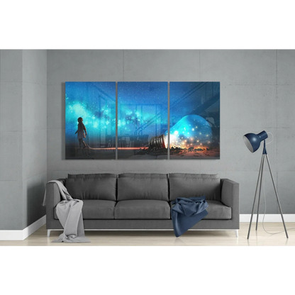Cosmic Journey triptych glass wall art with blue teal cosmic scene