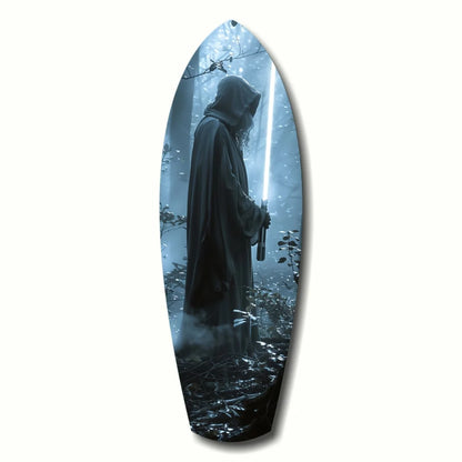Sleek dark blue surfboard with glowing lightsaber glass art of hooded warrior