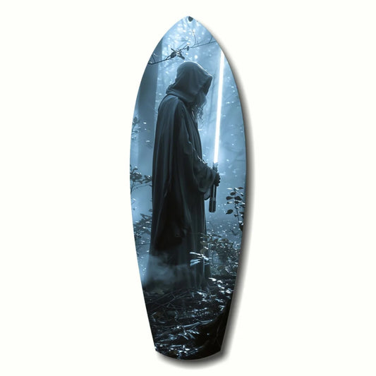 Sleek dark blue surfboard with glowing lightsaber glass art of hooded warrior