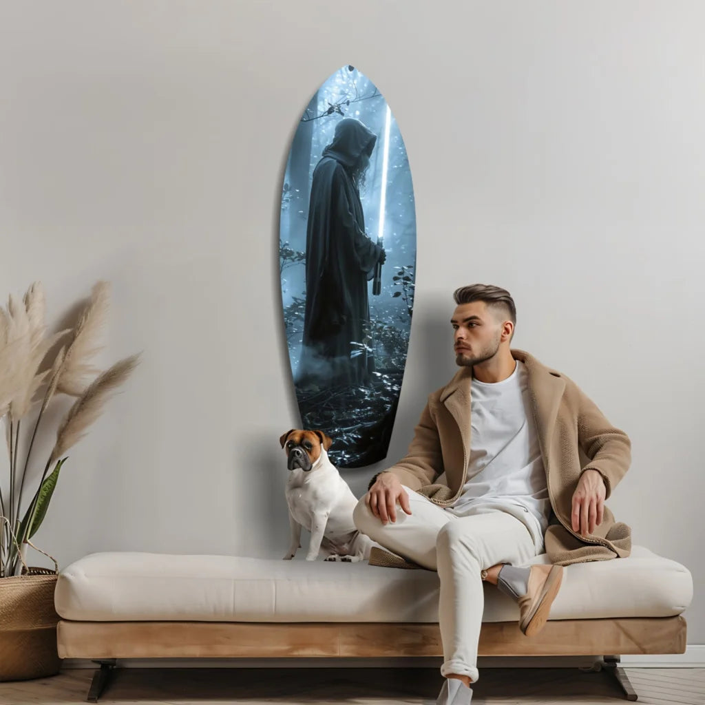 Sleek tempered glass art of hooded warrior with glowing lightsaber in misty forest