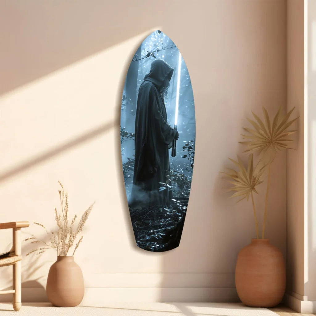 Sleek tempered glass art of hooded warrior with glowing blue lightsaber in misty forest