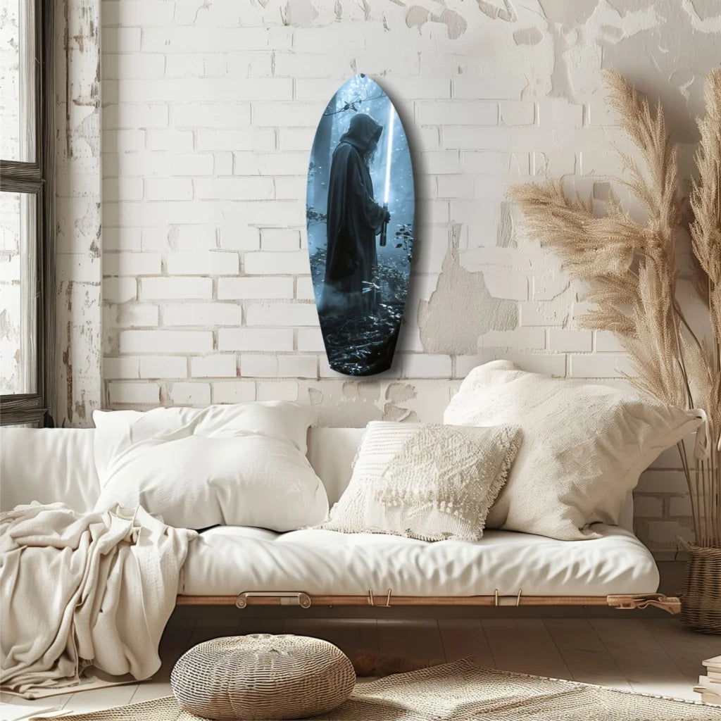 Blue Star Wars tempered glass art with hooded warrior lightsaber