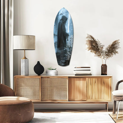 Sleek tempered glass art of hooded warrior with glowing blue lightsaber in misty forest