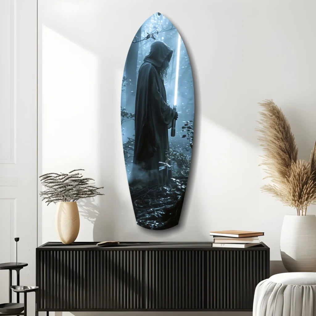 Sleek tempered glass art of hooded warrior with glowing lightsaber in misty forest