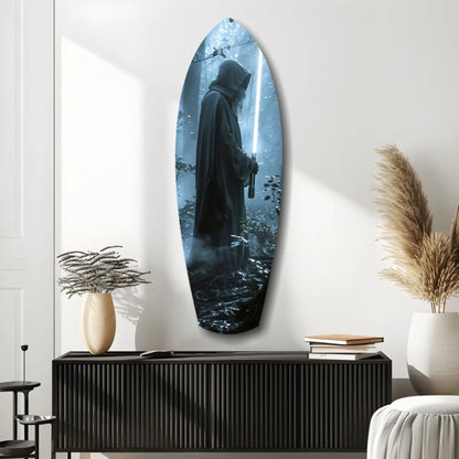 Sleek tempered glass art of hooded warrior with glowing lightsaber in misty forest