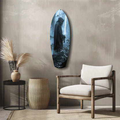 Sleek tempered glass art mirror with hooded warrior in misty woods