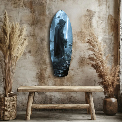 Sleek oval tempered glass art of hooded warrior with glowing lightsaber