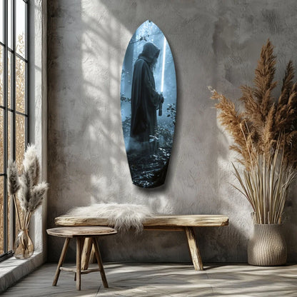 Oval tempered glass art of hooded warrior with glowing lightsaber in misty forest