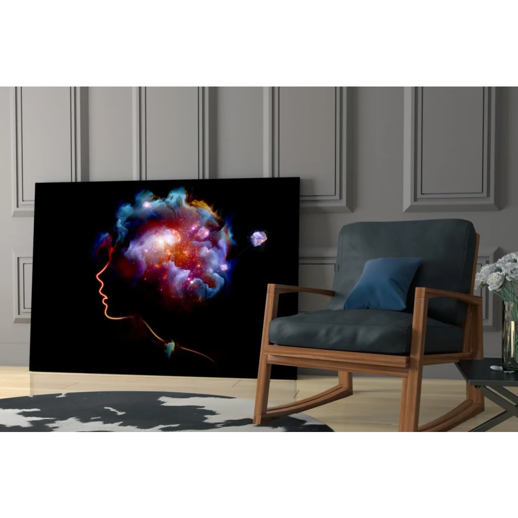 Vibrant cosmic nebula glass wall art with galaxy in human head silhouette