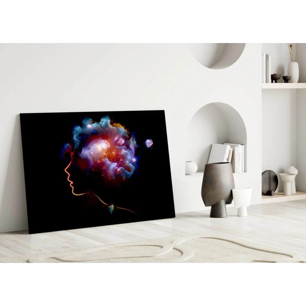 Vibrant cosmic nebula glass wall art with purple, blue, orange swirls in profile silhouette