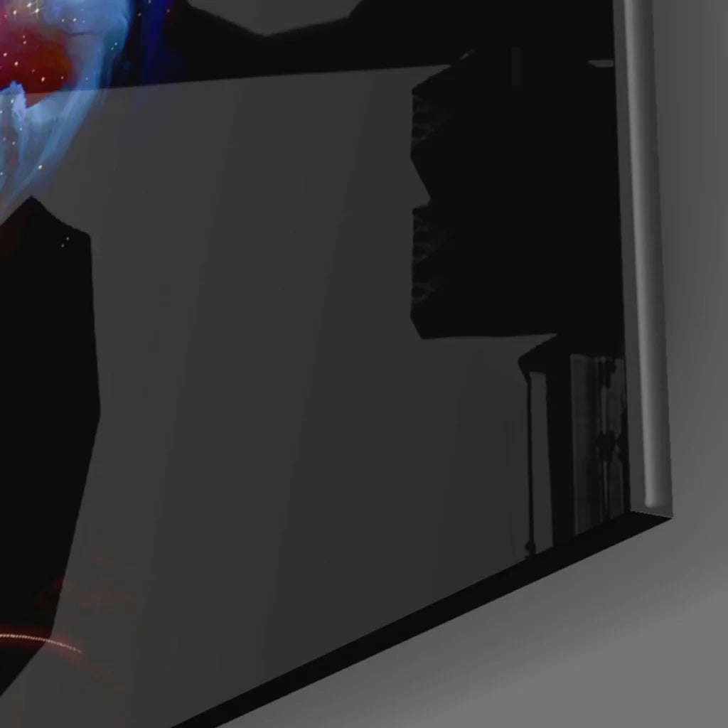 Sleek dark gray glass wall art print of cosmic nebula mind burst