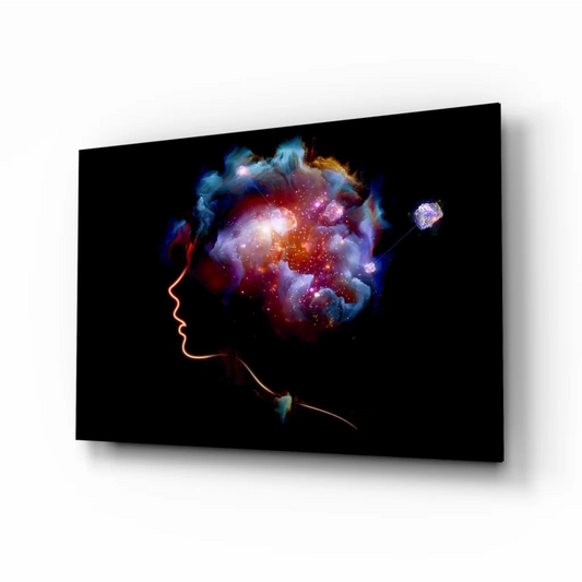 Silhouette woman with cosmic nebula mind burst on glass wall art