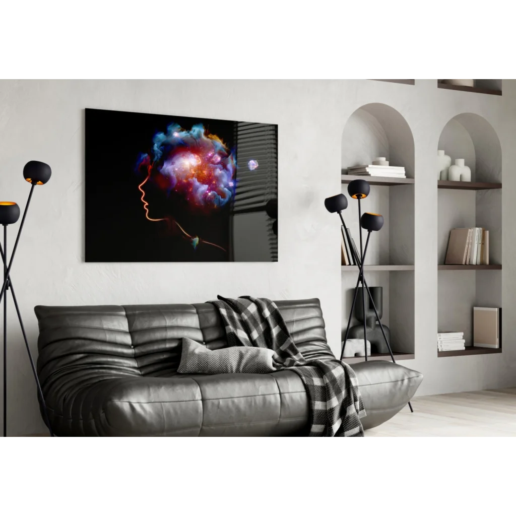 Vibrant cosmic nebula silhouette in glass wall art print