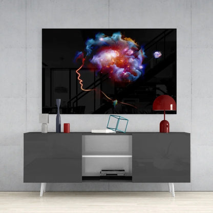 Vibrant cosmic nebula glass wall art with glowing human silhouette