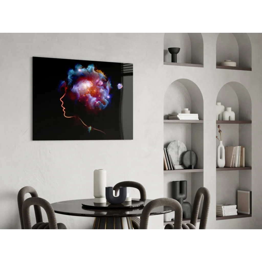 Glowing cosmic nebula silhouette in human head on glass wall art print