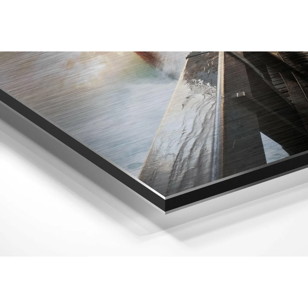 Glass Wall Art Surfer riding wave on brushed aluminium dibond print