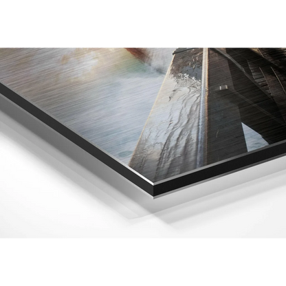 Surfer riding wave on brushed aluminium dibond print