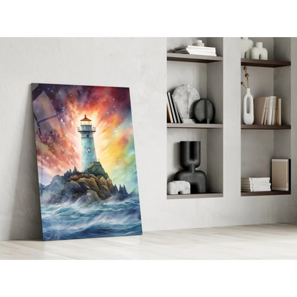 Vibrant glass wall art of lighthouse on cliffs with swirling sky and waves
