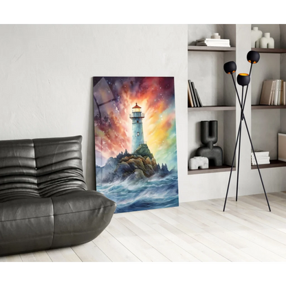 Vibrant watercolor lighthouse on glass wall art with cosmic swirling hues