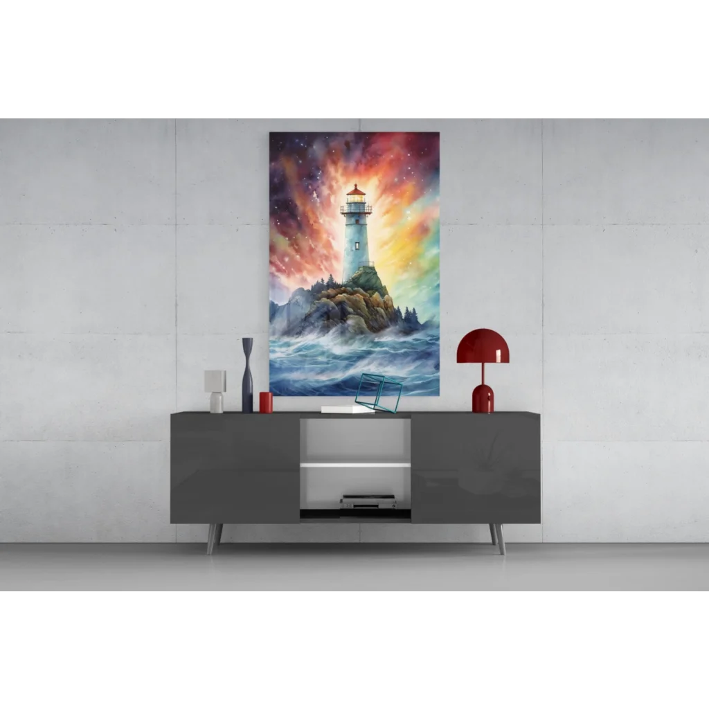 Vibrant watercolor lighthouse glass wall art with orange, pink, teal hues