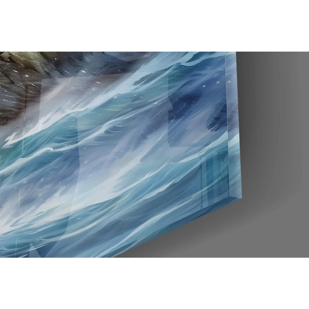 Vibrant blue ocean wave glass wall art on clear acrylic panel