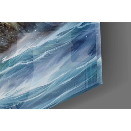 Vibrant blue ocean wave glass wall art on clear acrylic panel