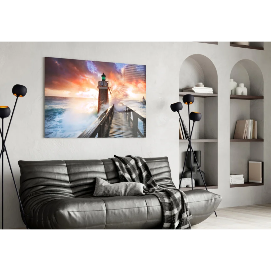 Vibrant lighthouse sunset ocean waves glass wall art canvas print