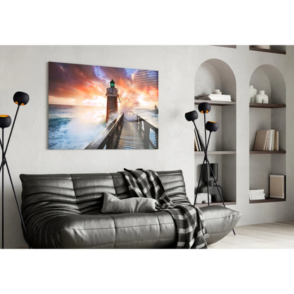 Vibrant lighthouse sunset ocean waves glass wall art canvas print