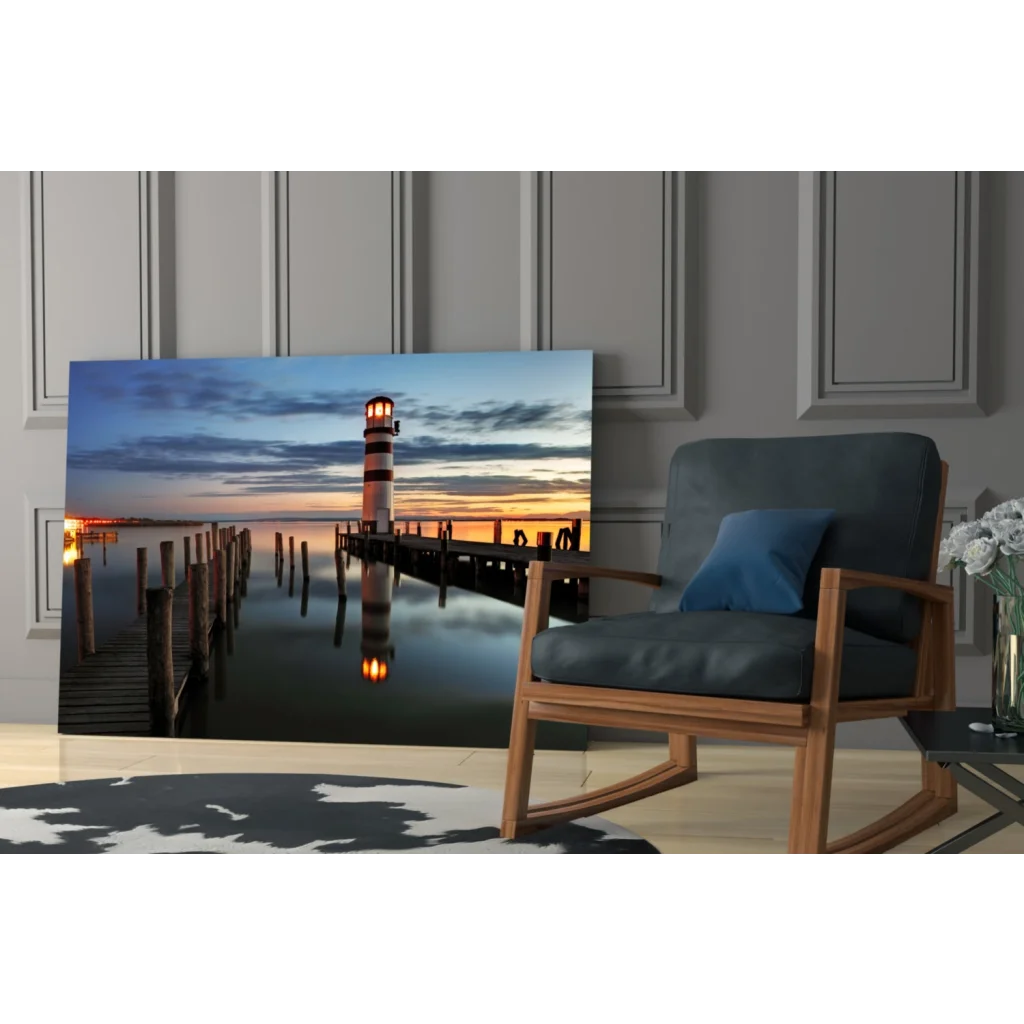 Serene lighthouse sunset glass wall art canvas print on pier