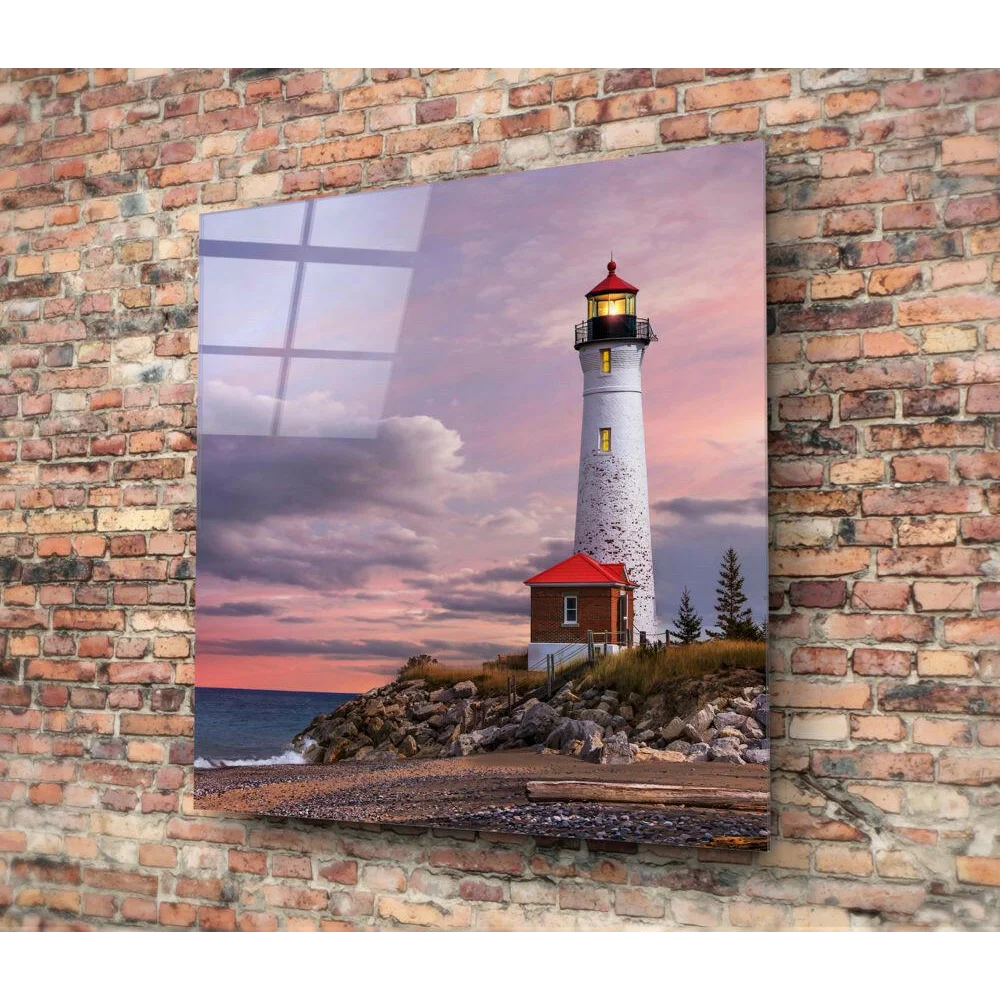 Stunning white lighthouse with red roof on glass wall art, twilight sky