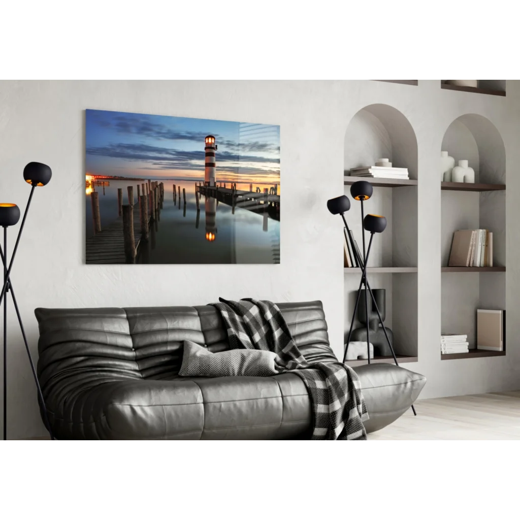 Lighthouse sunset glass wall art canvas print on white wall
