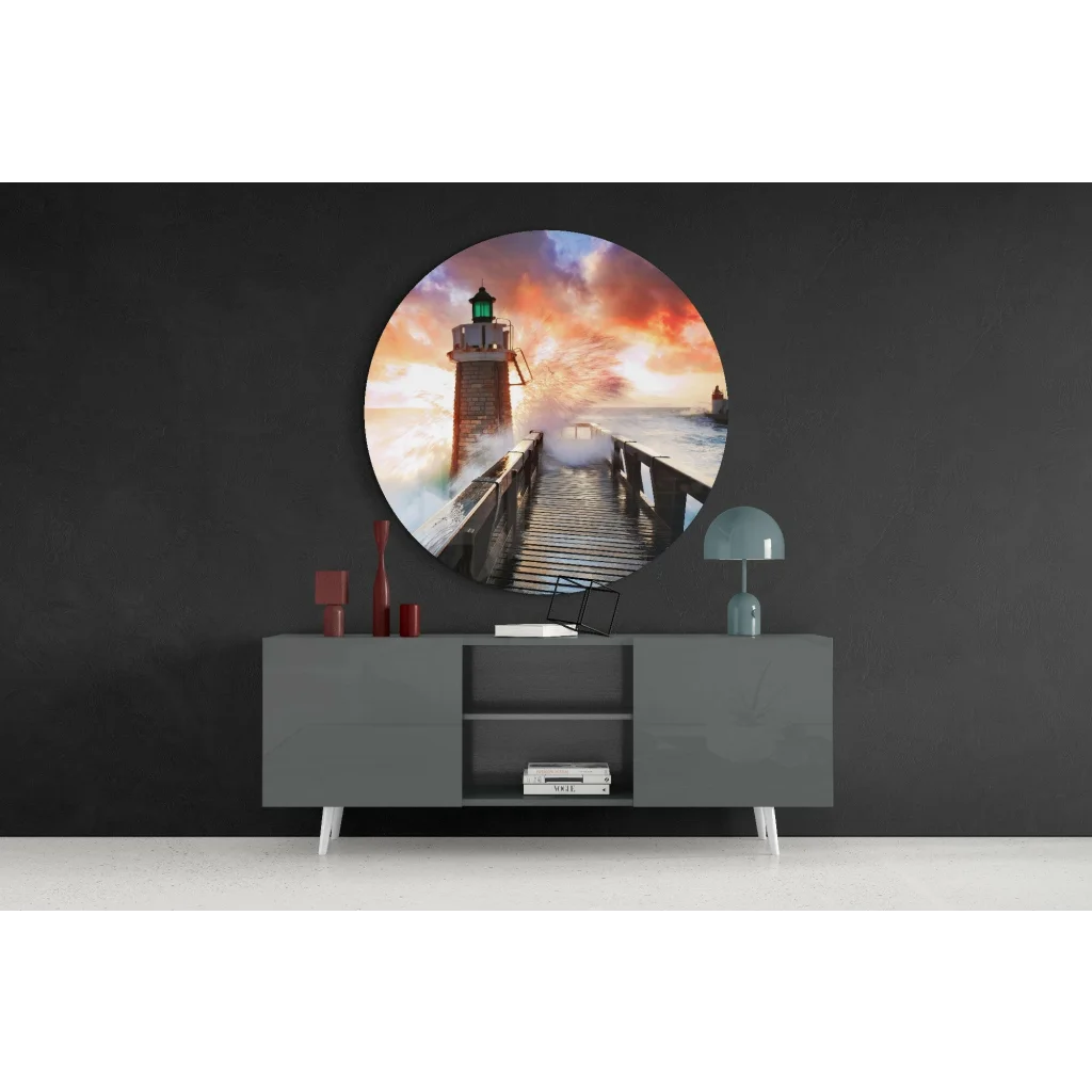 Lighthouse tempered glass art with sunset sky on gray wall