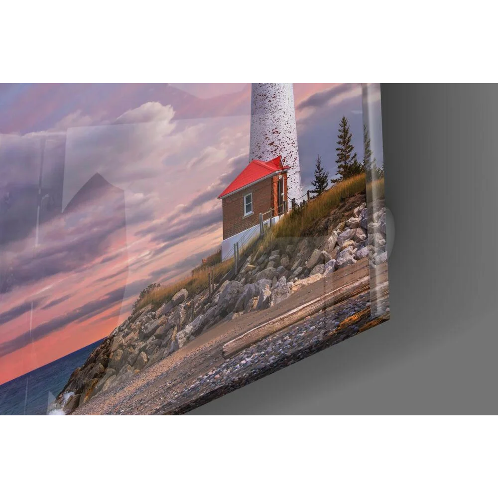 Stunning white lighthouse glass wall art with red roof and sunset sky
