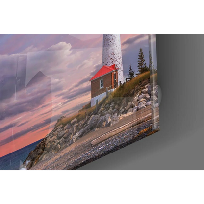 Stunning white lighthouse glass wall art with red roof and sunset sky