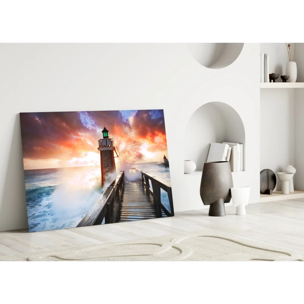 Vibrant lighthouse sunset on glass wall art canvas print