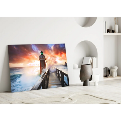 Vibrant lighthouse sunset on glass wall art canvas print