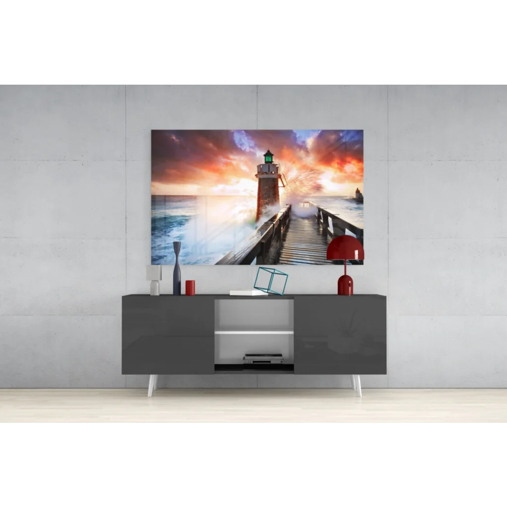 Vibrant lighthouse sunset glass wall art canvas print with orange purple skies