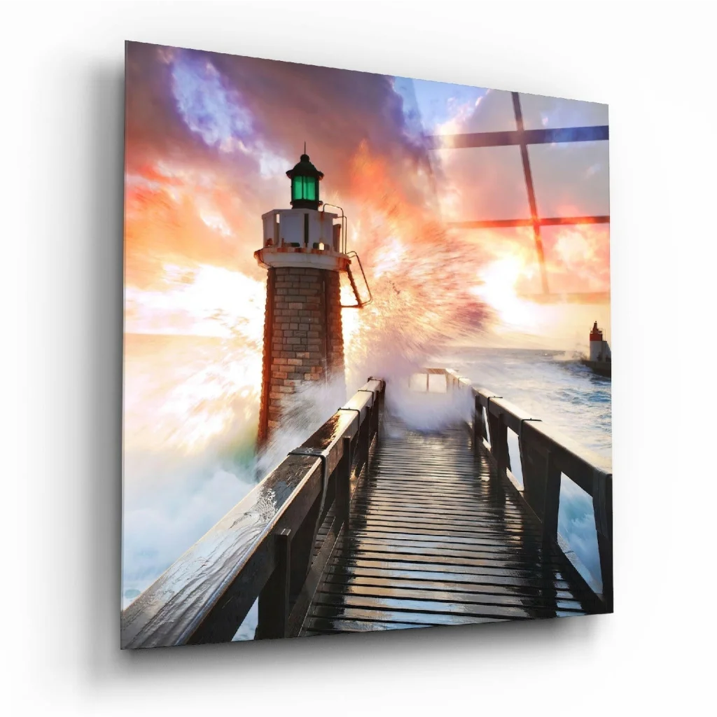 Stunning Lighthouse Glass Wall Art with Fiery Sunset Waves | Insigneart USA | vintageantiquesgifts.com