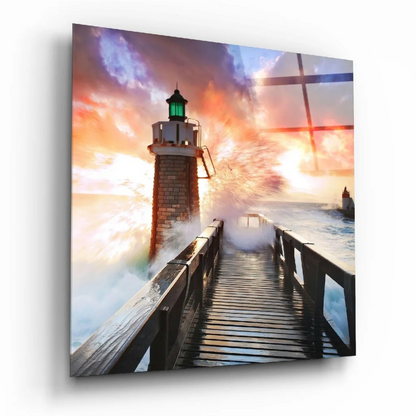 Stunning Lighthouse Glass Wall Art with Fiery Sunset Waves | Insigneart USA | vintageantiquesgifts.com