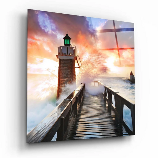 Stunning Lighthouse Glass Wall Art with Fiery Sunset Waves | Insigneart USA | vintageantiquesgifts.com