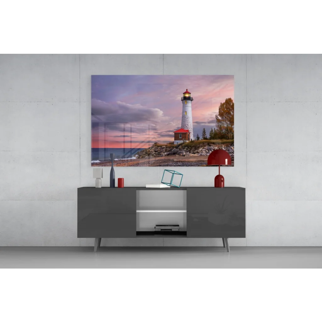 White lighthouse in pink sunset on ocean canvas wall art print