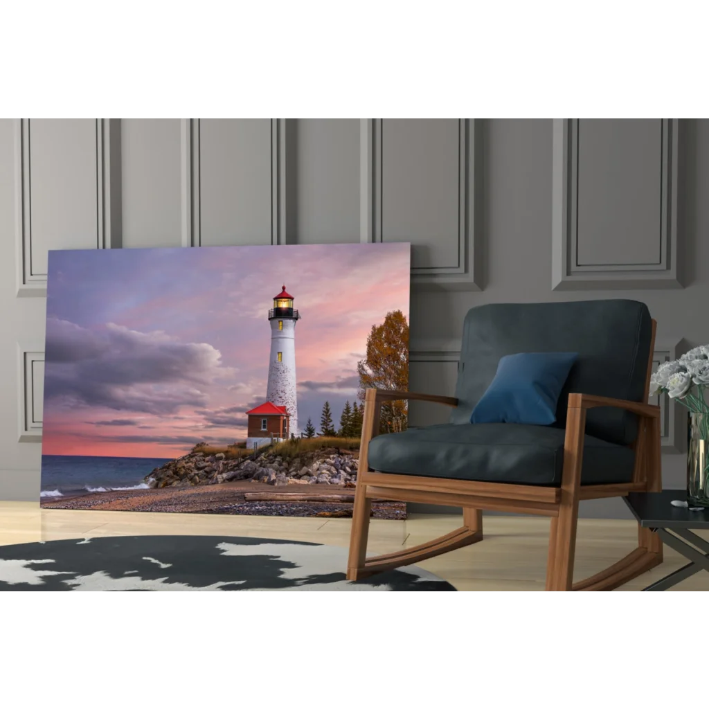 Lighthouse sunset canvas wall art print with pink purple skies over ocean