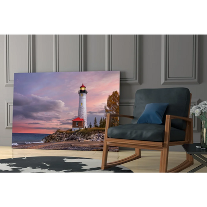 Lighthouse sunset canvas wall art print with pink purple skies over ocean