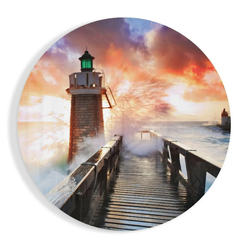 Vivid lighthouse tempered glass art with sunset sky and waves