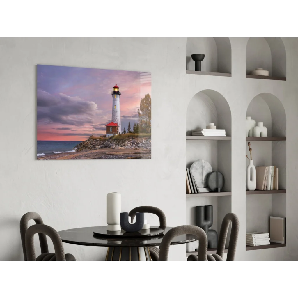 White lighthouse sunset canvas wall art print on wall